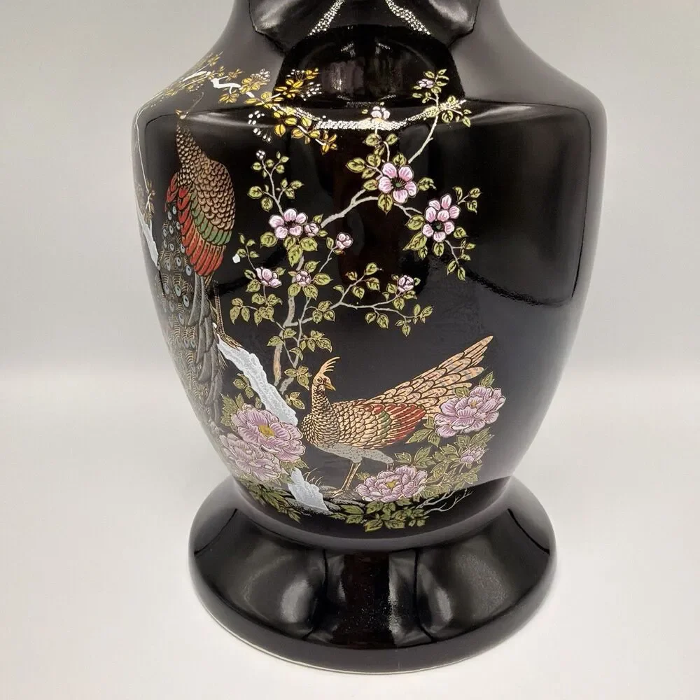 Vintage Japanese Black Peacock Floral Vase 11” Gold Trim Hand Decorated Japan