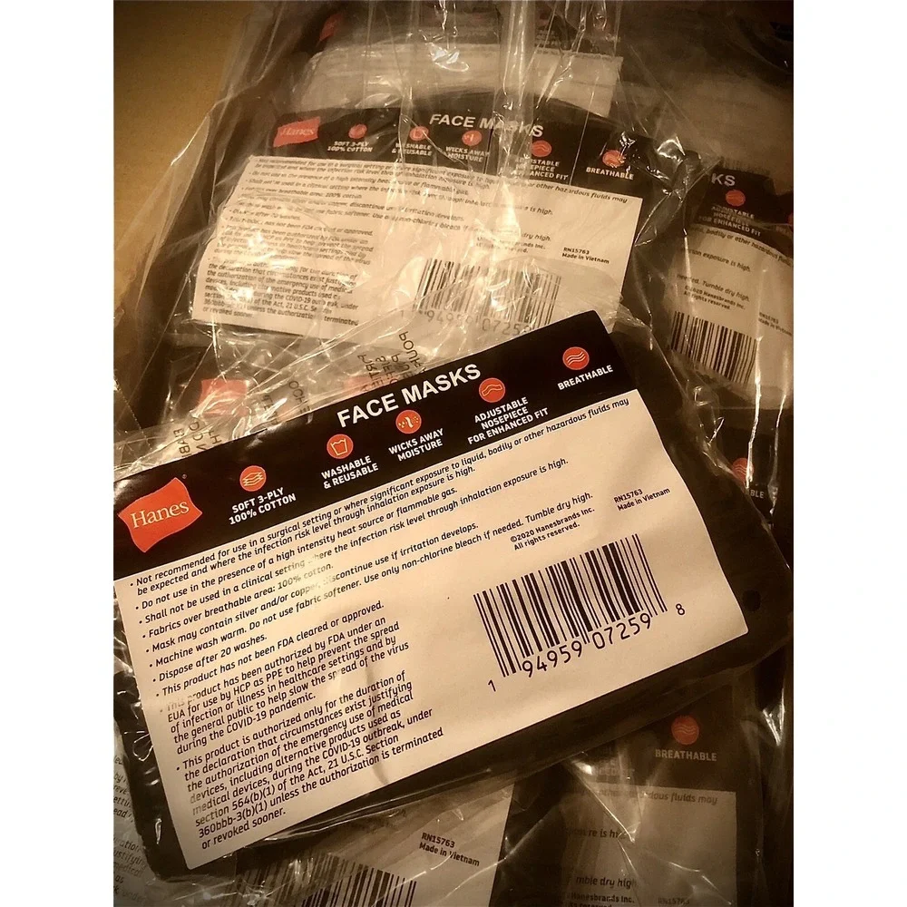 500‎ Pcs Hanes Reusable Black Face cover Mask Washable soft 3-ply 100% Cotton