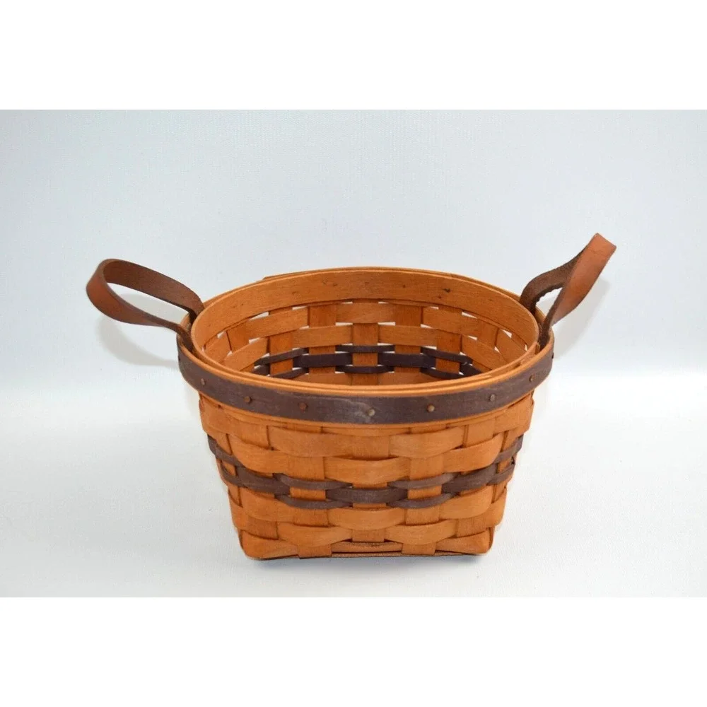 Longaberger 1992‎ Round Basket 2 Leather Handles Purple Accent Weaves