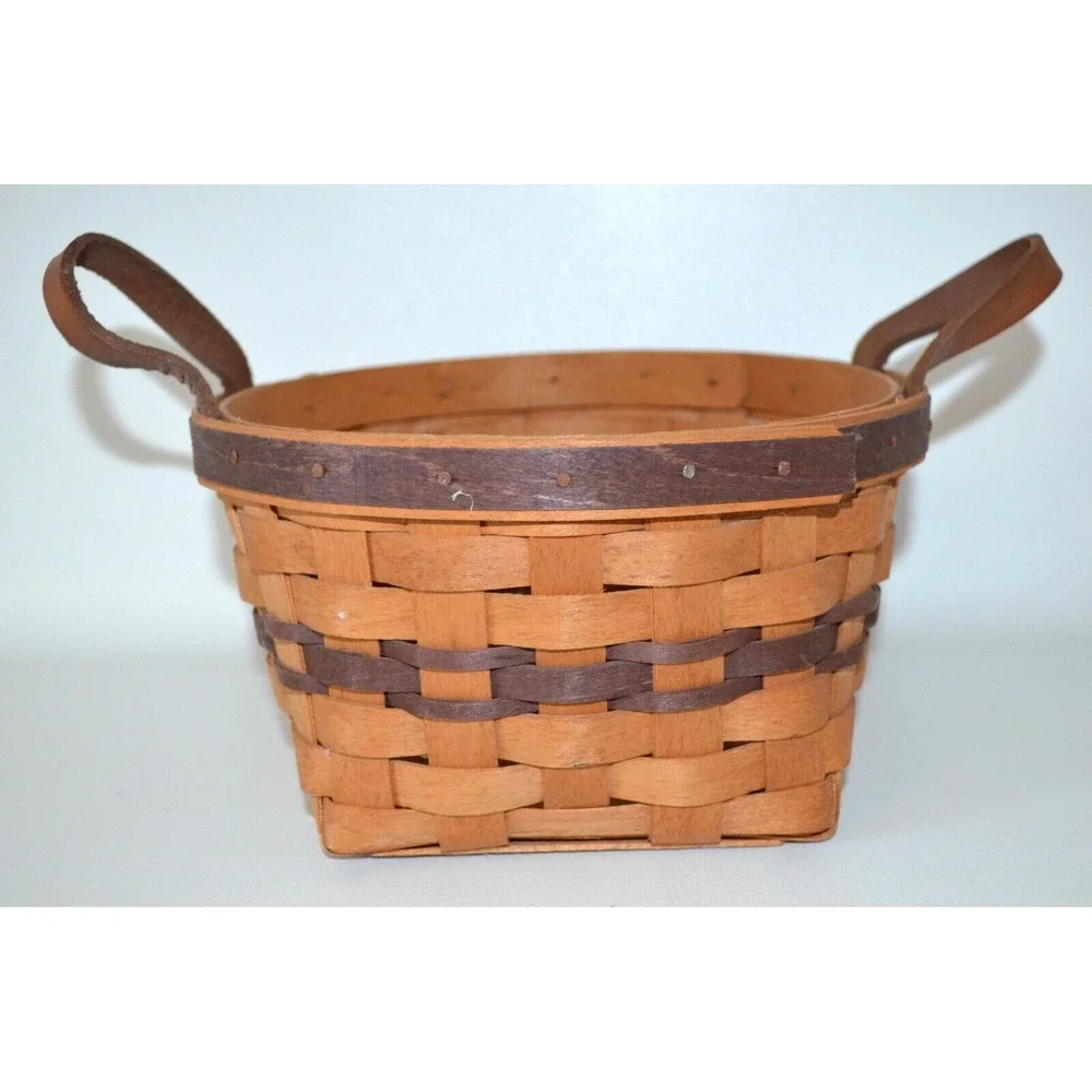 Longaberger 1992‎ Round Basket 2 Leather Handles Purple Accent Weaves