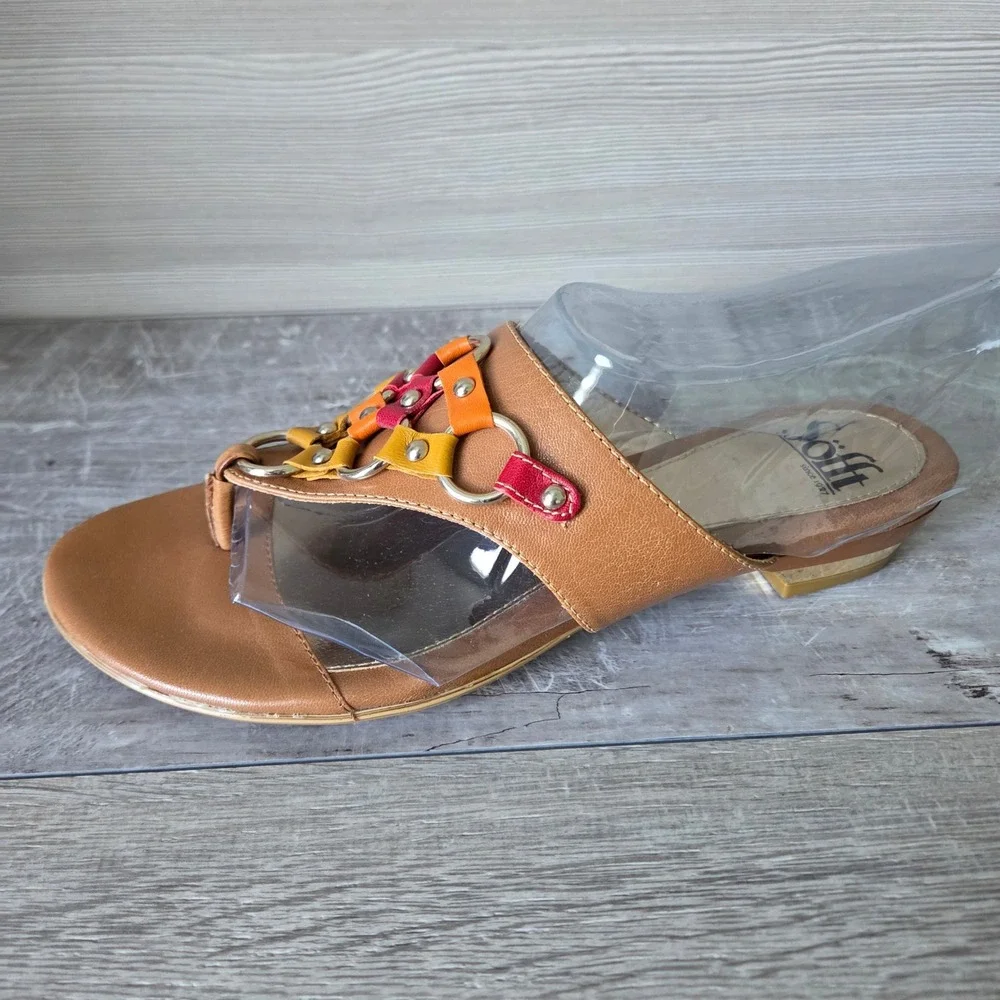 Sofft Womens 8M Tan Leather Woven Slide Thong Sandals Multi Color Rings Studded