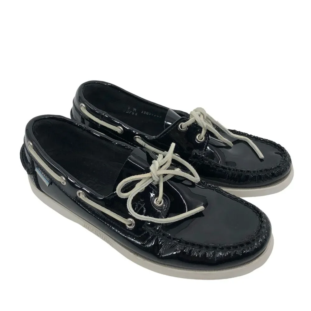 Sebago Docksides Boat Shoes Mens 9 More Like 8.5 Black Patent Leather Moccasin