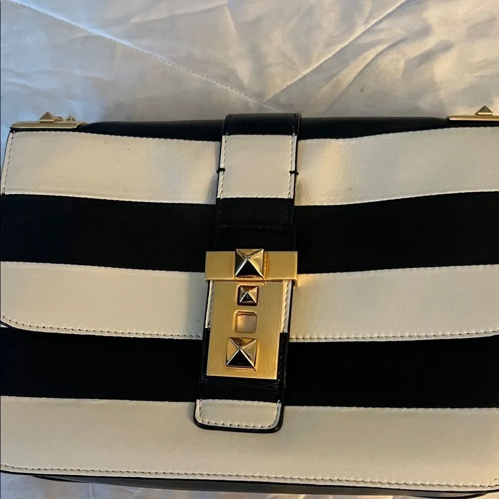 Valentino Garavani Napa Striped B-Rockstud Shoulder Bag with Gold Chain Strap