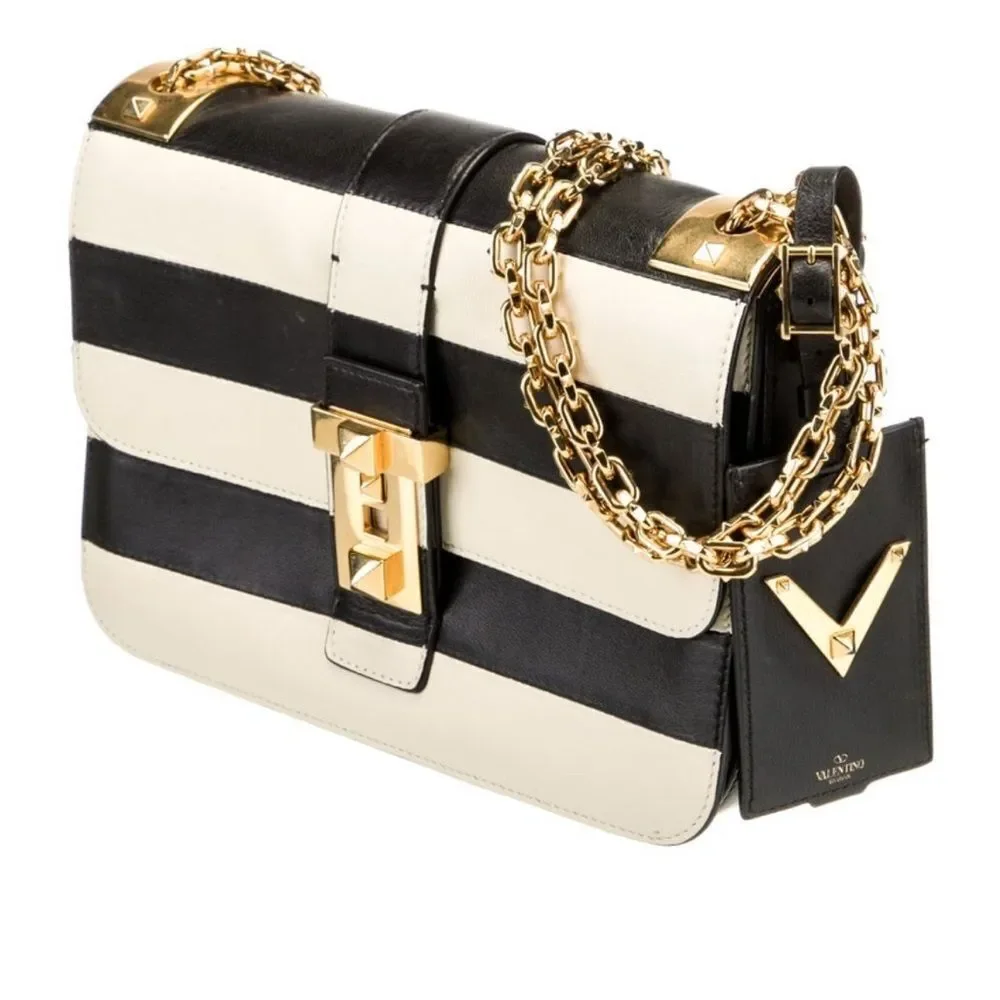 Valentino Garavani Napa Striped B-Rockstud Shoulder Bag with Gold Chain Strap