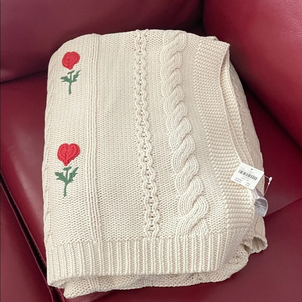 Anthropologie Cable Knit Floral Icon Throw Blanket
