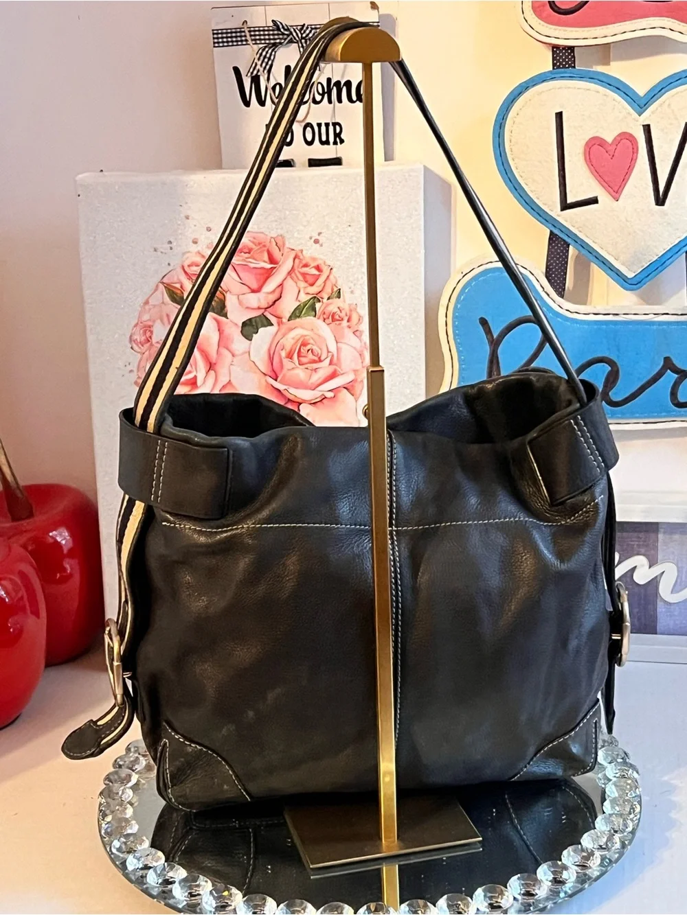 Michael Kors Black pebble Leather Shoulder Bag with Striped Strap