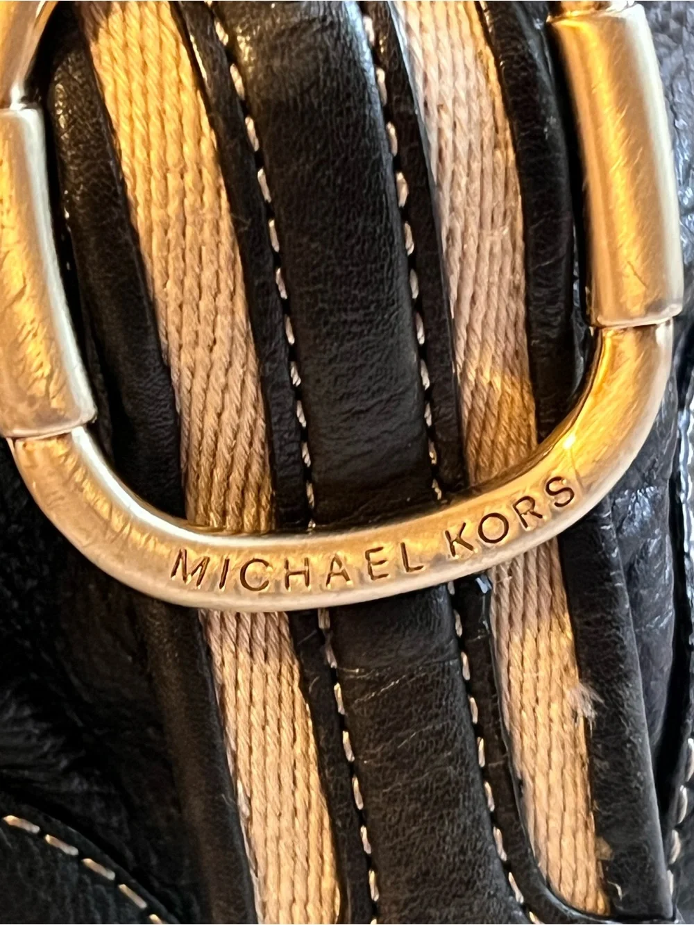 Michael Kors Black pebble Leather Shoulder Bag with Striped Strap