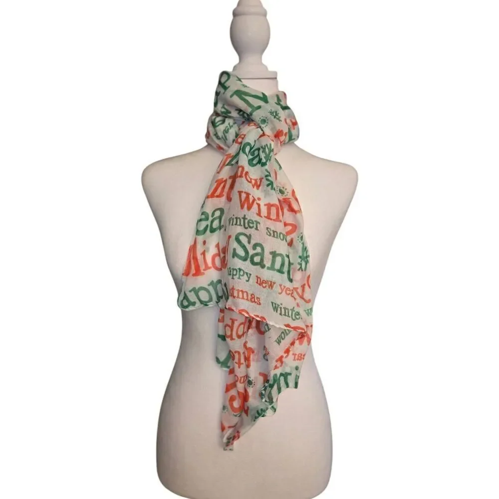 Women's One Size White/Green/Red Christmas Sheer Scarf