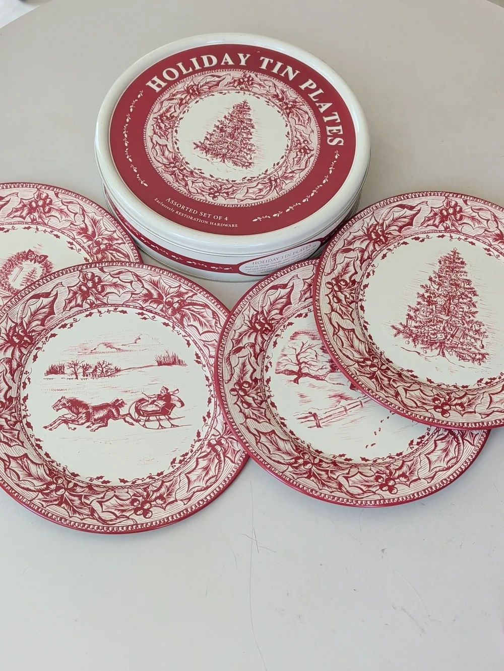 Restoration Hardware Cream Red Victorian Style 4 Tin Plates W/ Container Holiday