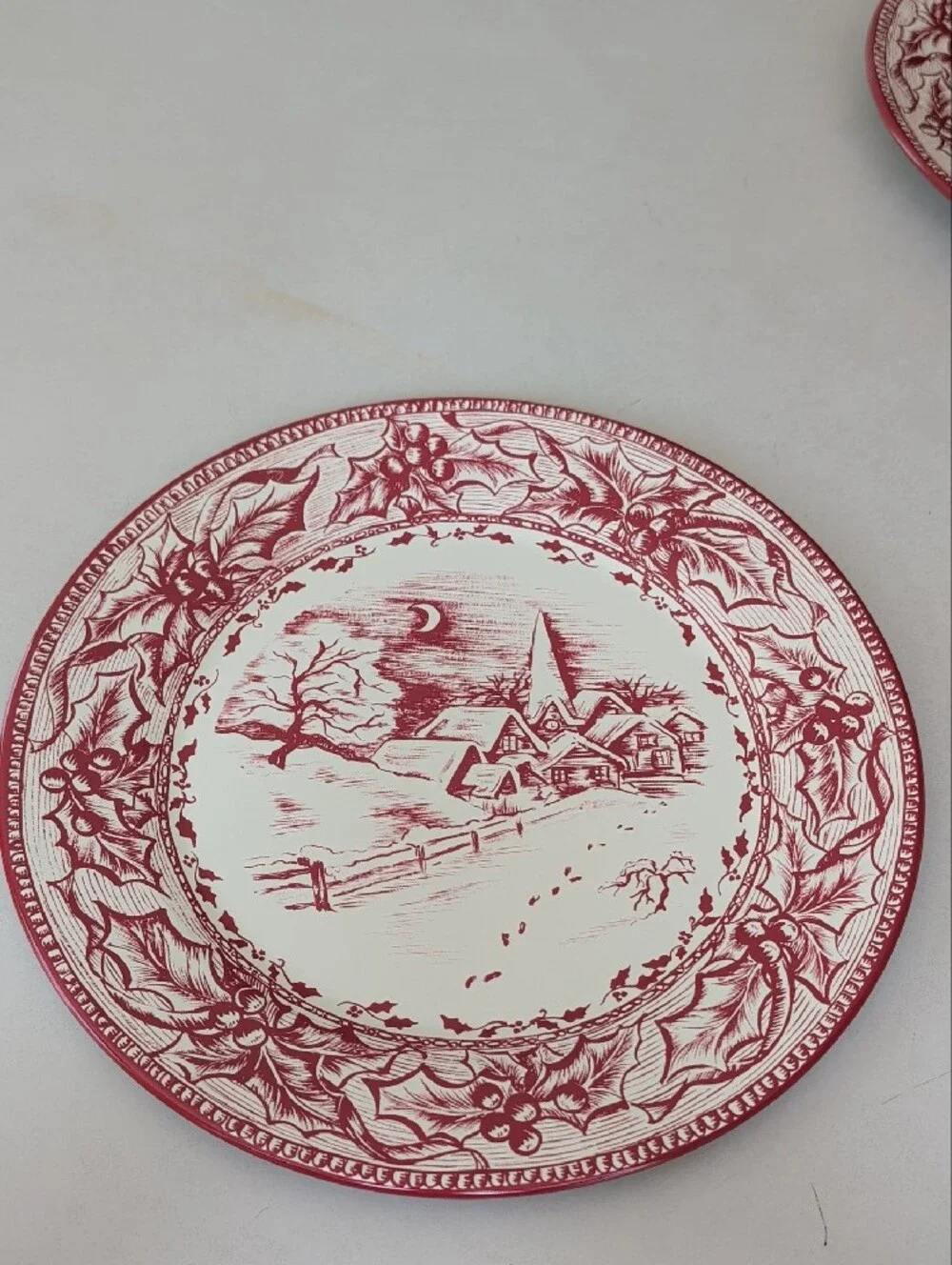 Restoration Hardware Cream Red Victorian Style 4 Tin Plates W/ Container Holiday