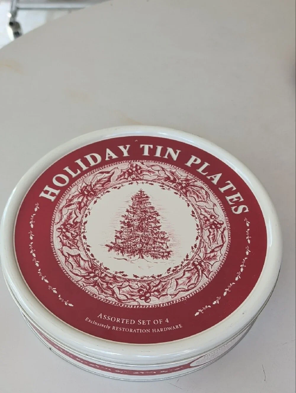 Restoration Hardware Cream Red Victorian Style 4 Tin Plates W/ Container Holiday