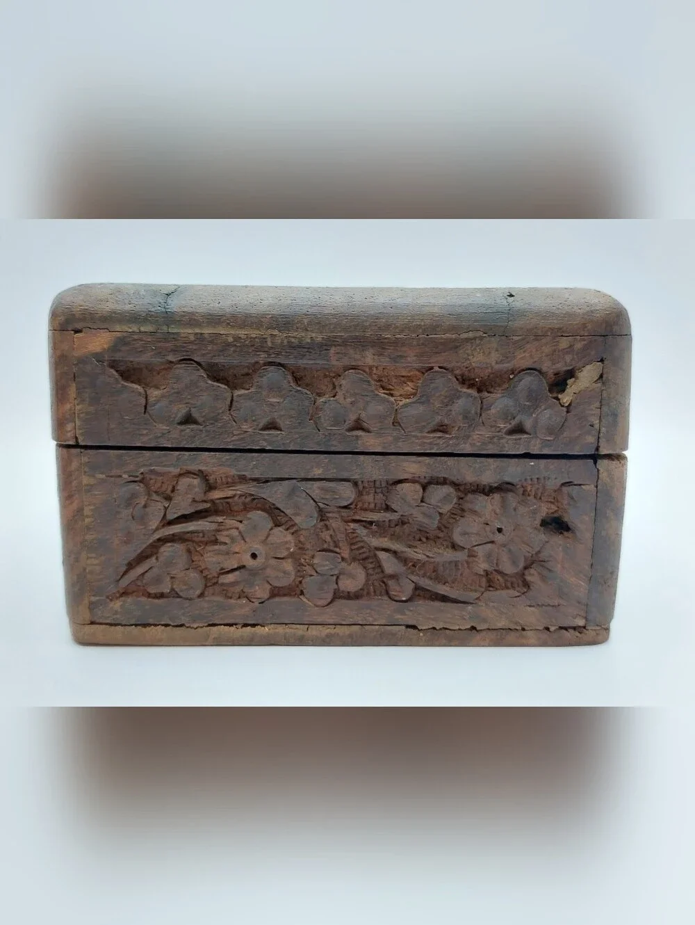 Vintage Hand Carved Wooden Trinket Jewelry Box Floral Folk Art Keepsake Storage