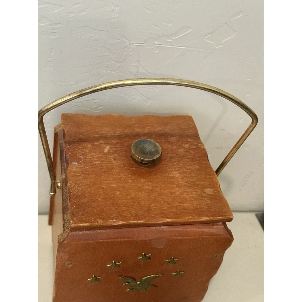 Vintage Wood Ice Bucket with Top Lid Wooden metal handle Eagle Stars Gold Accent