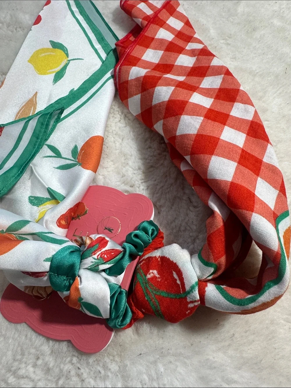 Capelli luxe set of 2 hair tie scarves lobster and tomatoe designs