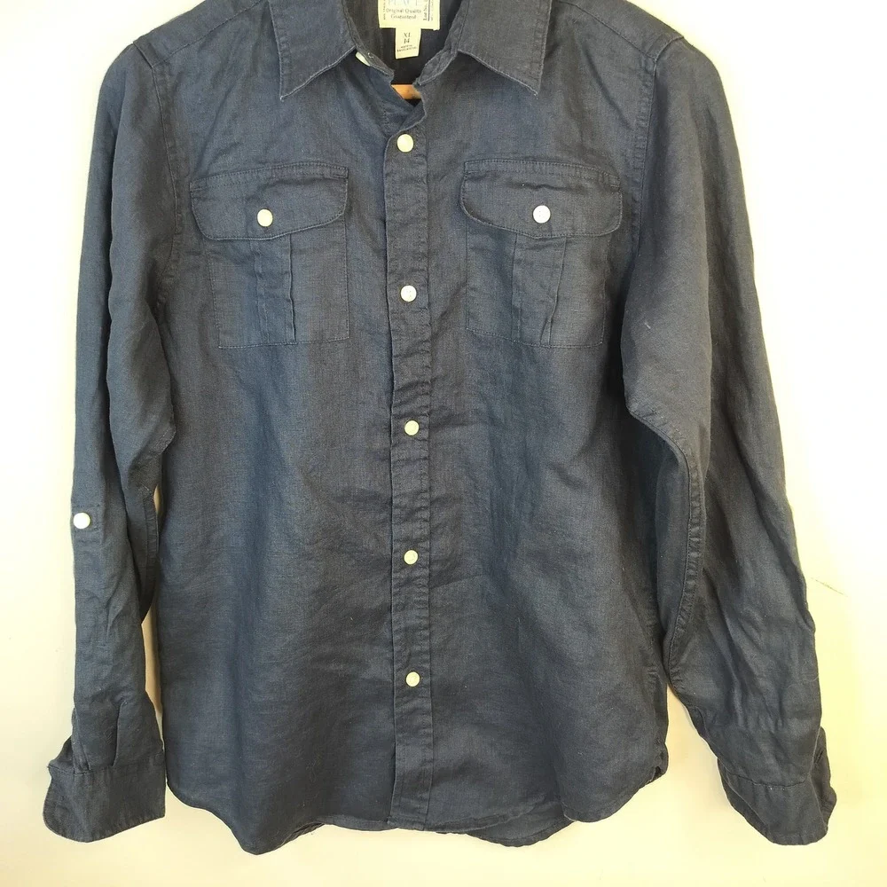 The Children's Place Linen Button Down Shirt Kids Boys XL 14 Tab Sleeve Navy