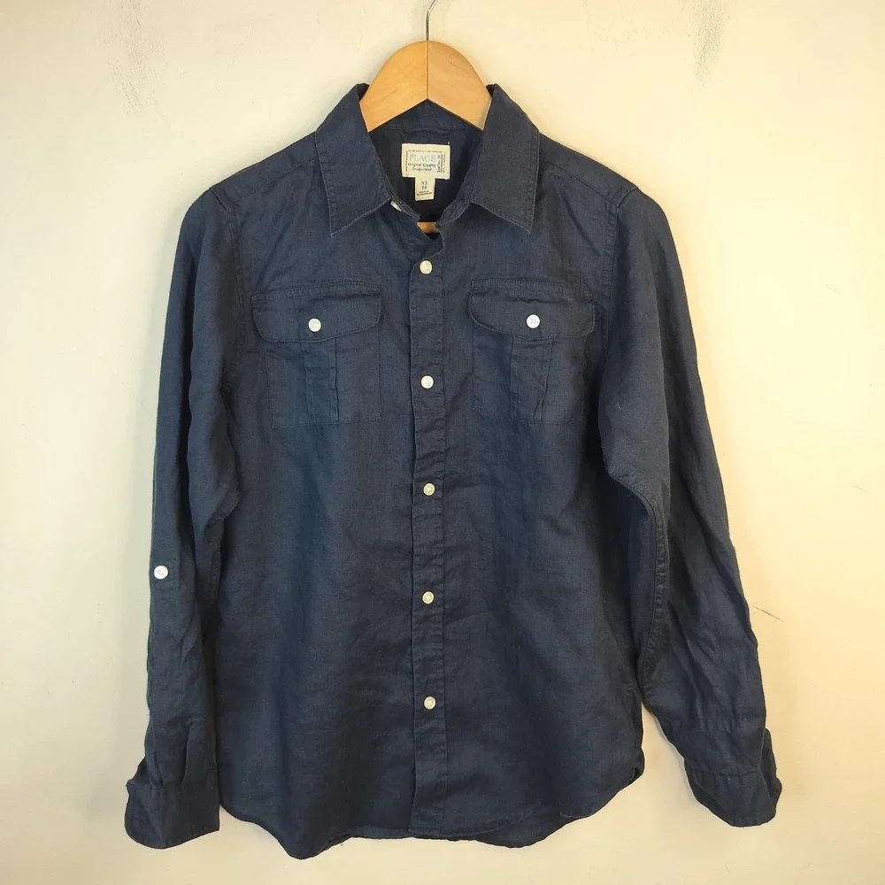The Children's Place Linen Button Down Shirt Kids Boys XL 14 Tab Sleeve Navy