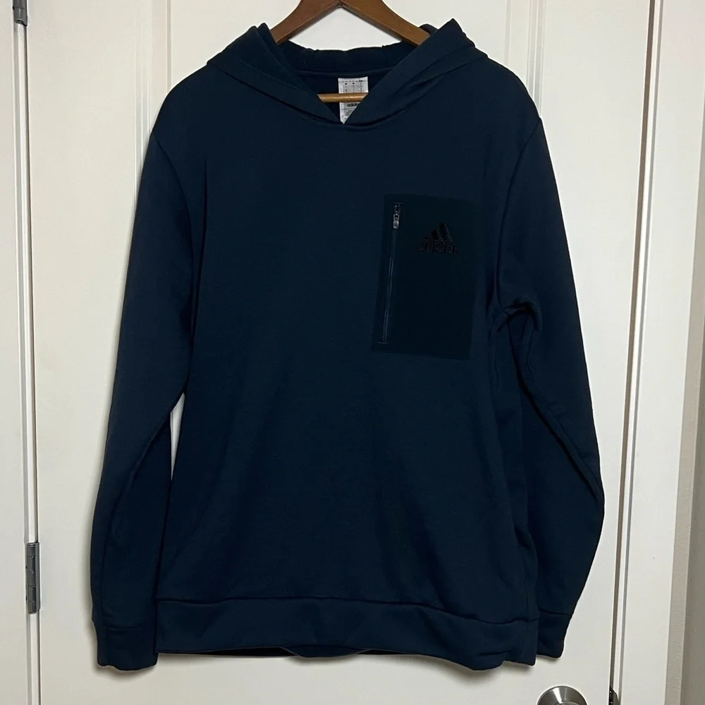 Adidas Sweatshirt Navy Blue Hoodie Chest Zipper Pocket Large