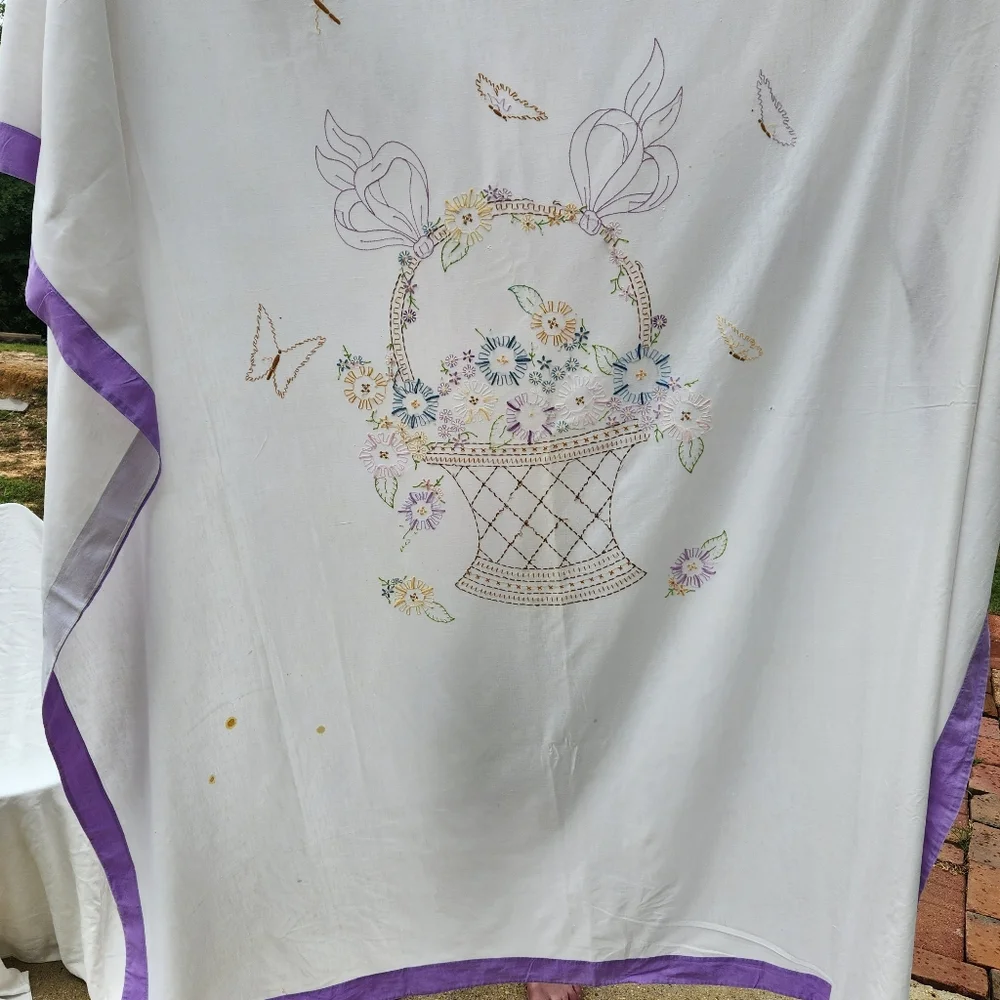 Antique White Comforter with Purple Trim and Multi-Color Floral Embroidery