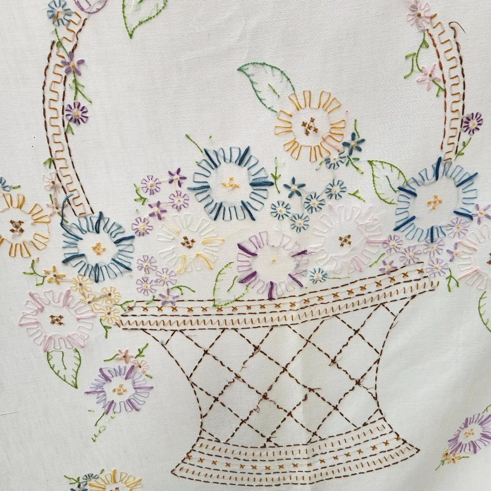 Antique White Comforter with Purple Trim and Multi-Color Floral Embroidery
