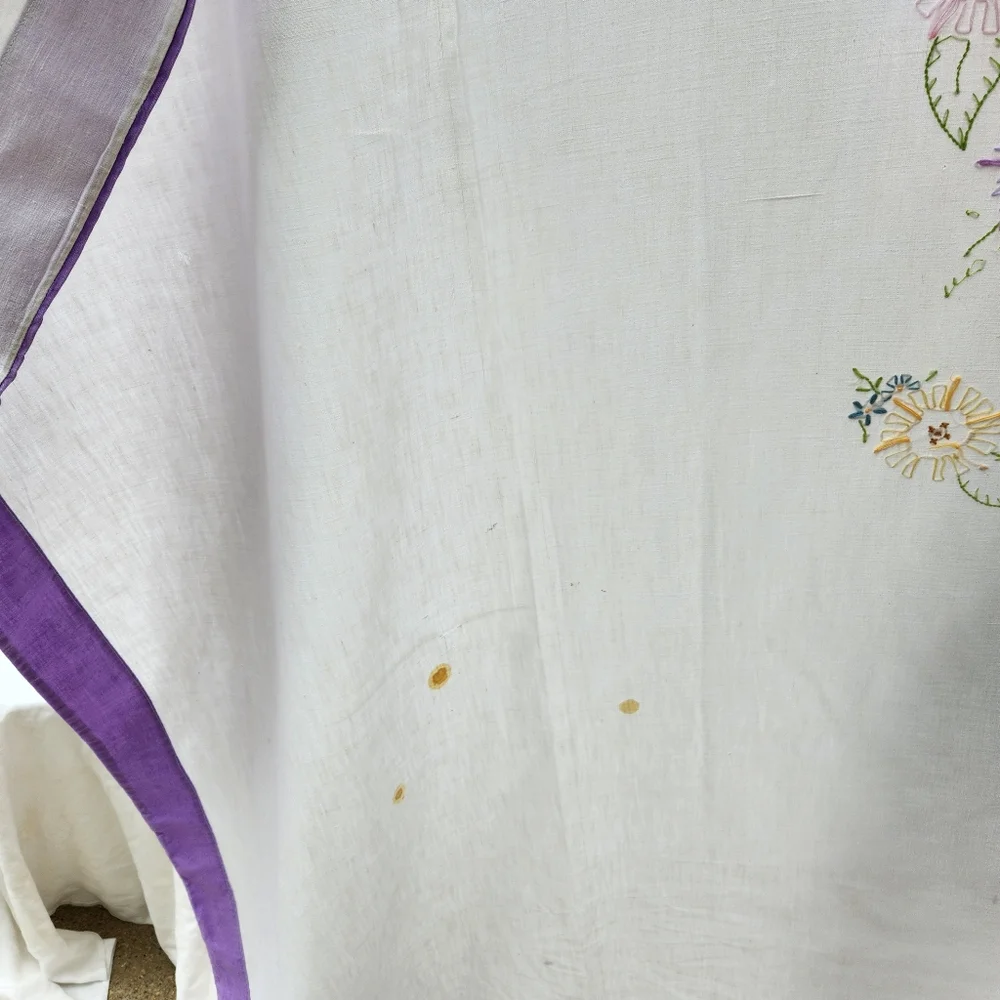 Antique White Comforter with Purple Trim and Multi-Color Floral Embroidery