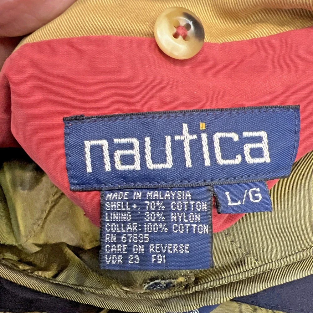 Vtg 90s Nautica Car Coat Mens Large Beige Cotton Blend Button-In Liner Fall 1991