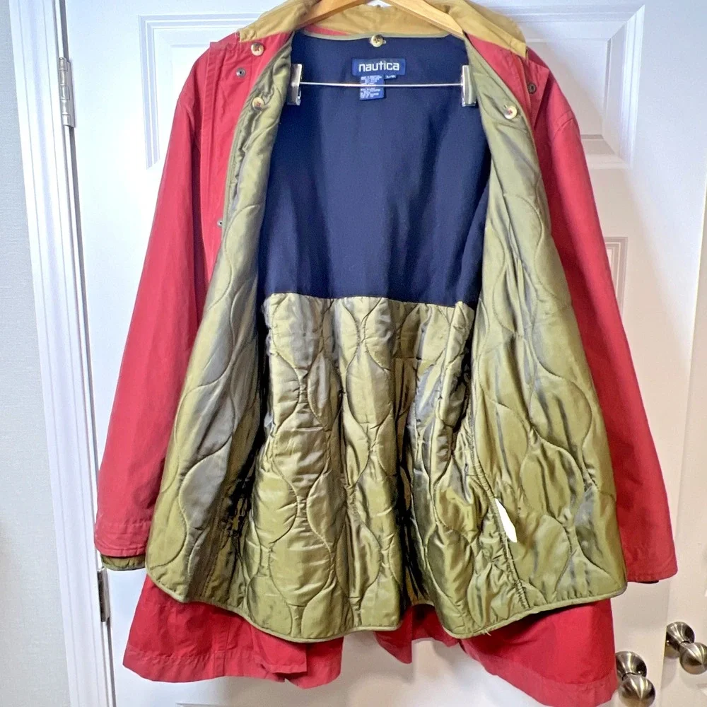 Vtg 90s Nautica Car Coat Mens Large Beige Cotton Blend Button-In Liner Fall 1991