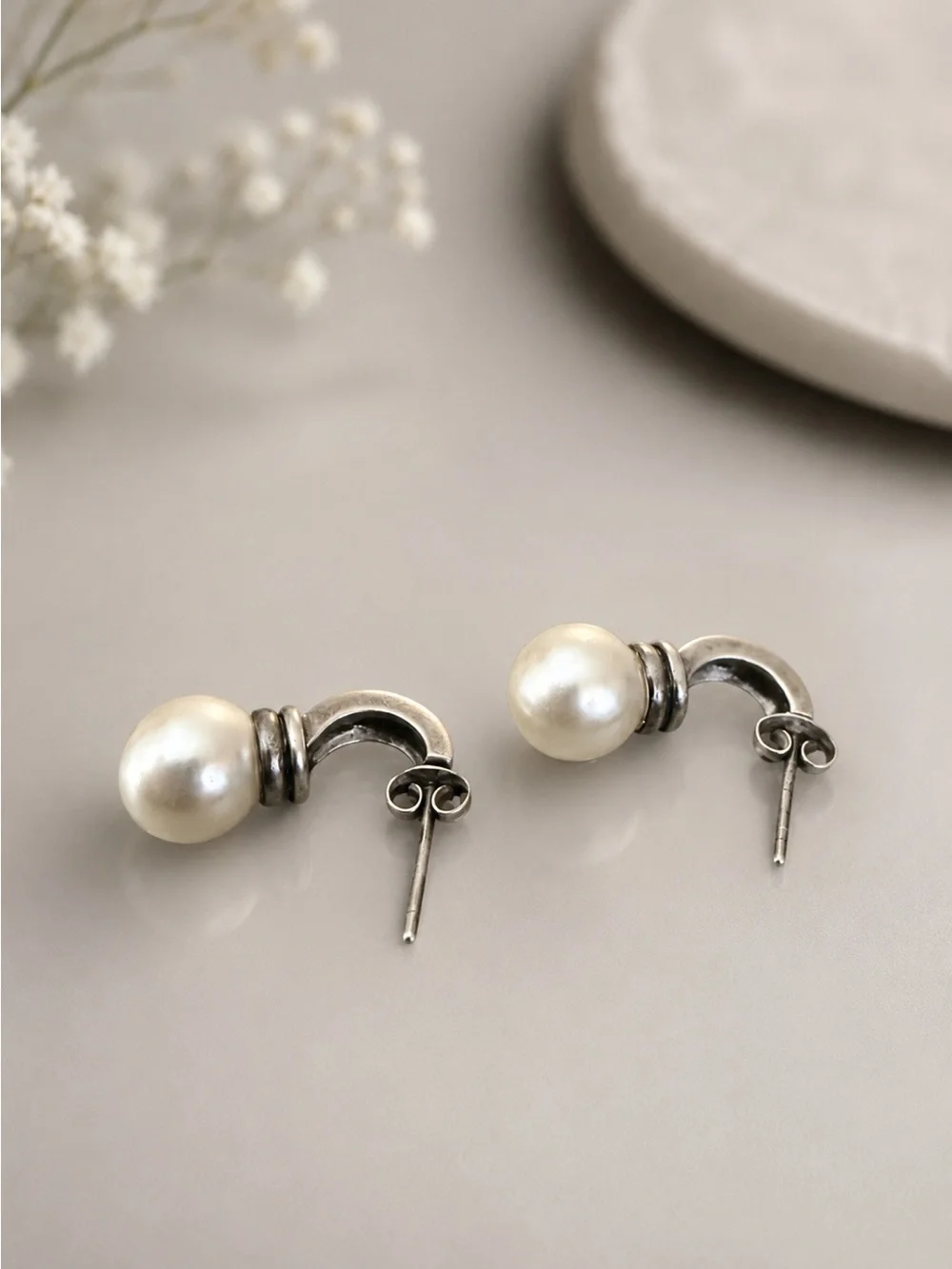 Estate Sterling Silver Faux Pearl Ornate Earrings Quality