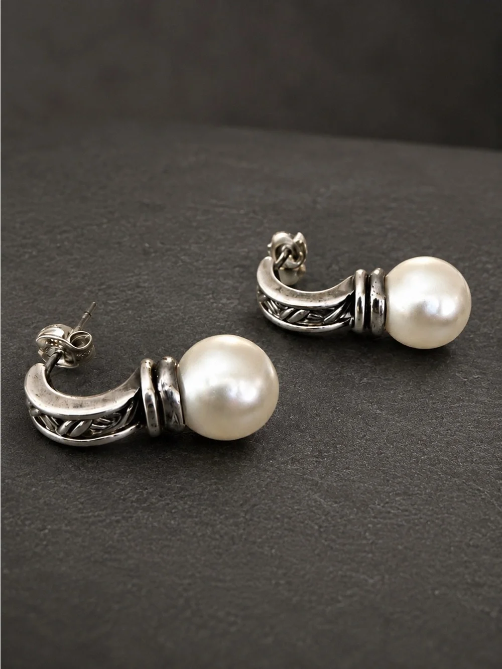 Estate Sterling Silver Faux Pearl Ornate Earrings Quality