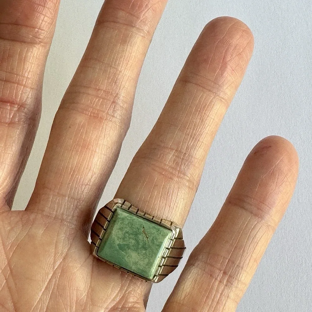 Navajo #8 Mine Turquoise Mens Ring Sz 12 Rectangle Signed Jack Sterling 14mm