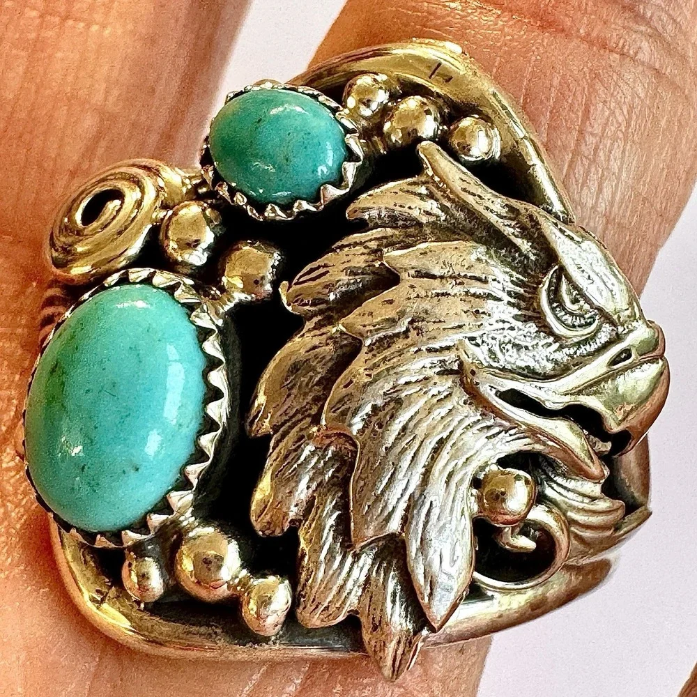 Navajo Eagle Turquoise Mens Ring Sz 14 Sterling Signed DM Native American USA