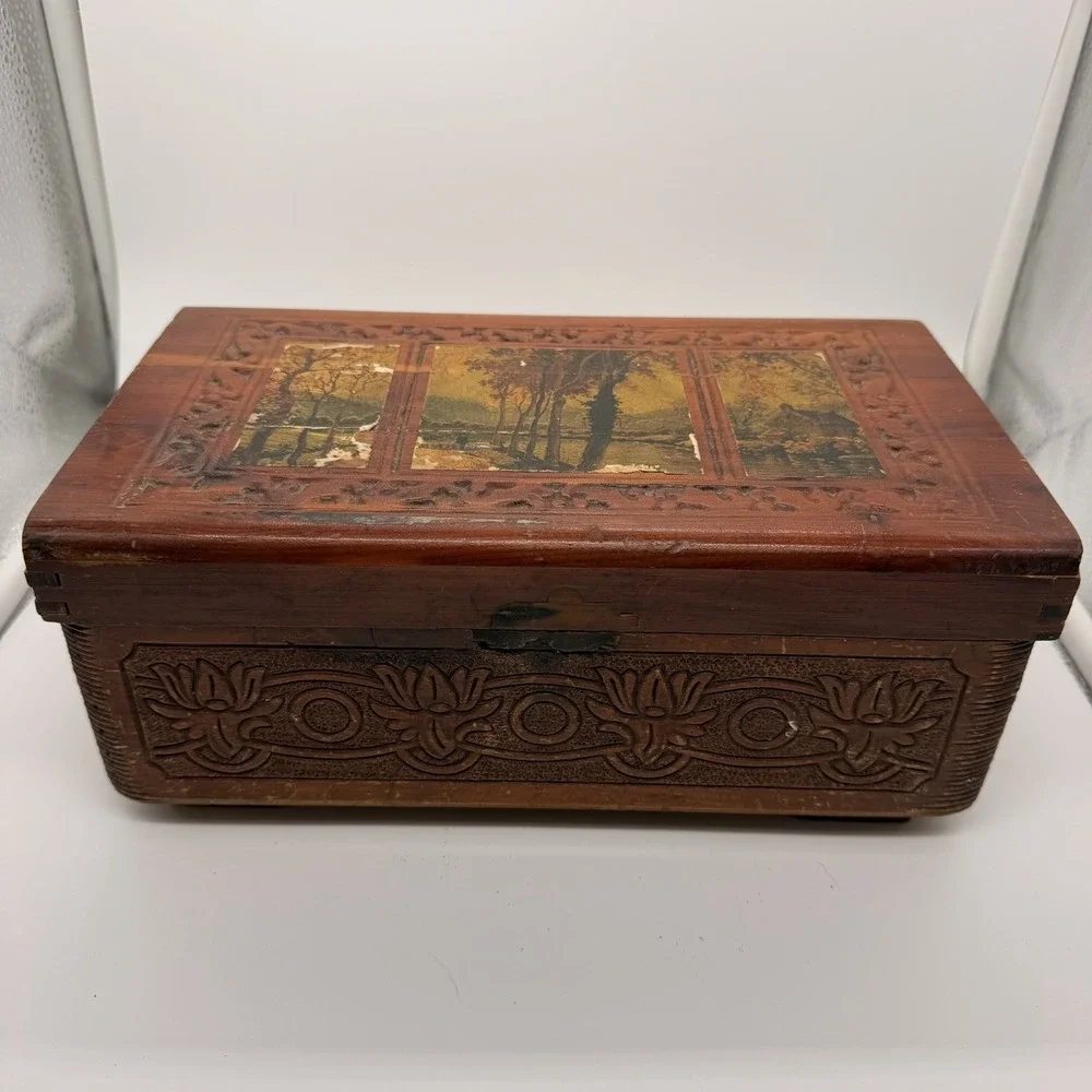 Wooden Jewelry Sewing Box, Vintage with Mirror Lid No Hardware Blue Felt Lining