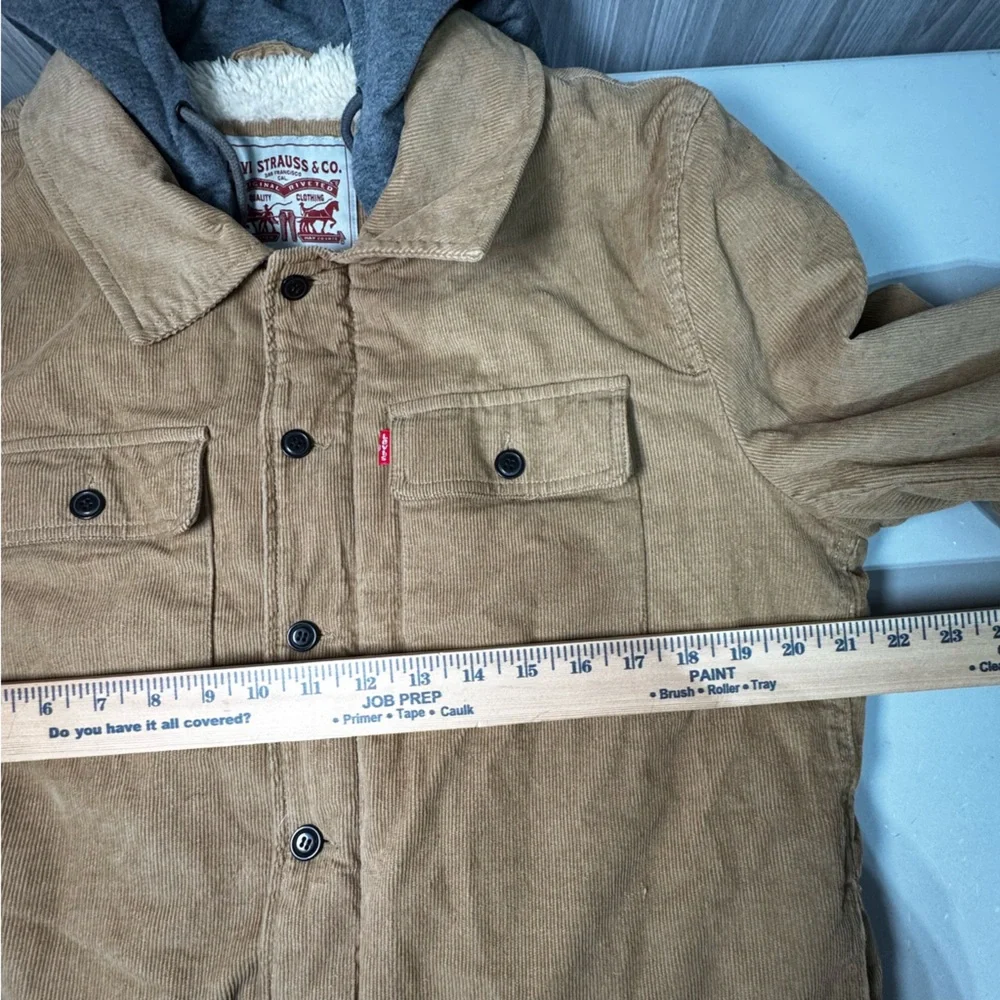 Levi's Corduroy Sherpa‎ Lined Trucker Jacket Tan Sweat Shirt Hood Sz Medium Mens