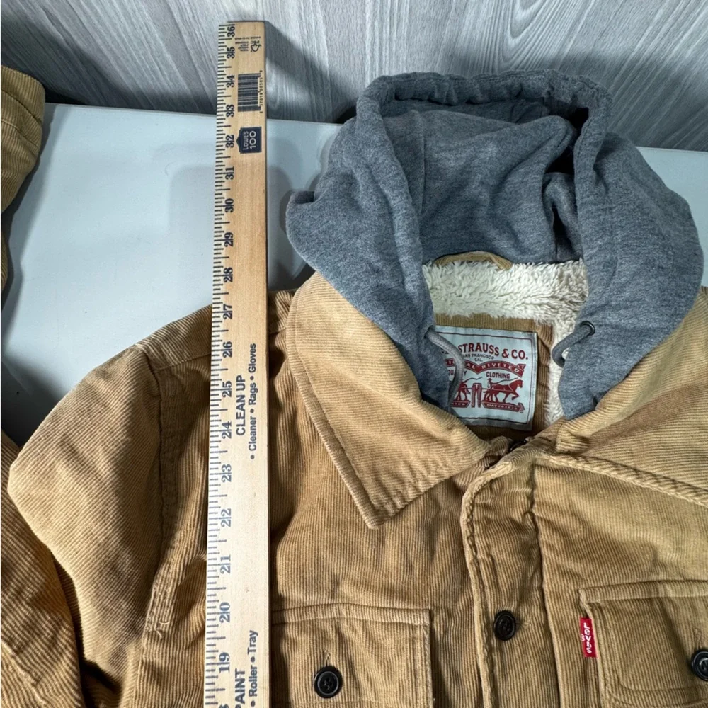 Levi's Corduroy Sherpa‎ Lined Trucker Jacket Tan Sweat Shirt Hood Sz Medium Mens