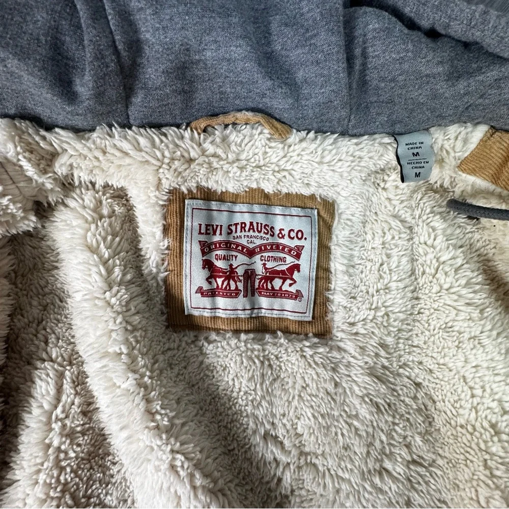 Levi's Corduroy Sherpa‎ Lined Trucker Jacket Tan Sweat Shirt Hood Sz Medium Mens