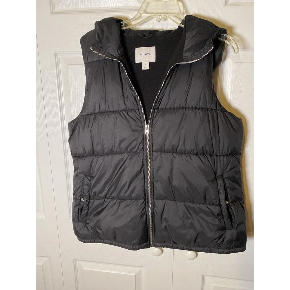 Old Navy Men's Black Quilted Puffer Vest‎ Hooded Full Zip Size L