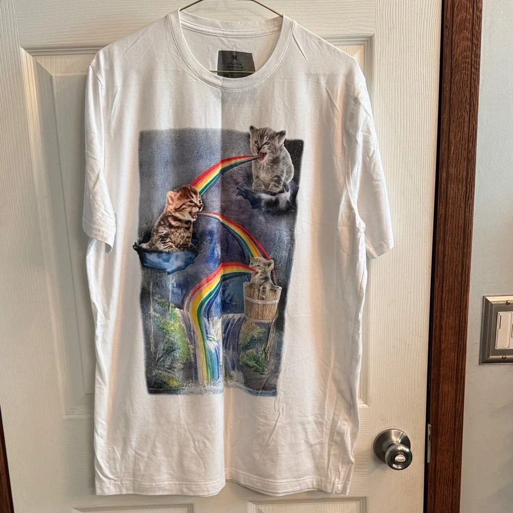 Playful Cats White T-Shirt‎ with Rainbow Design