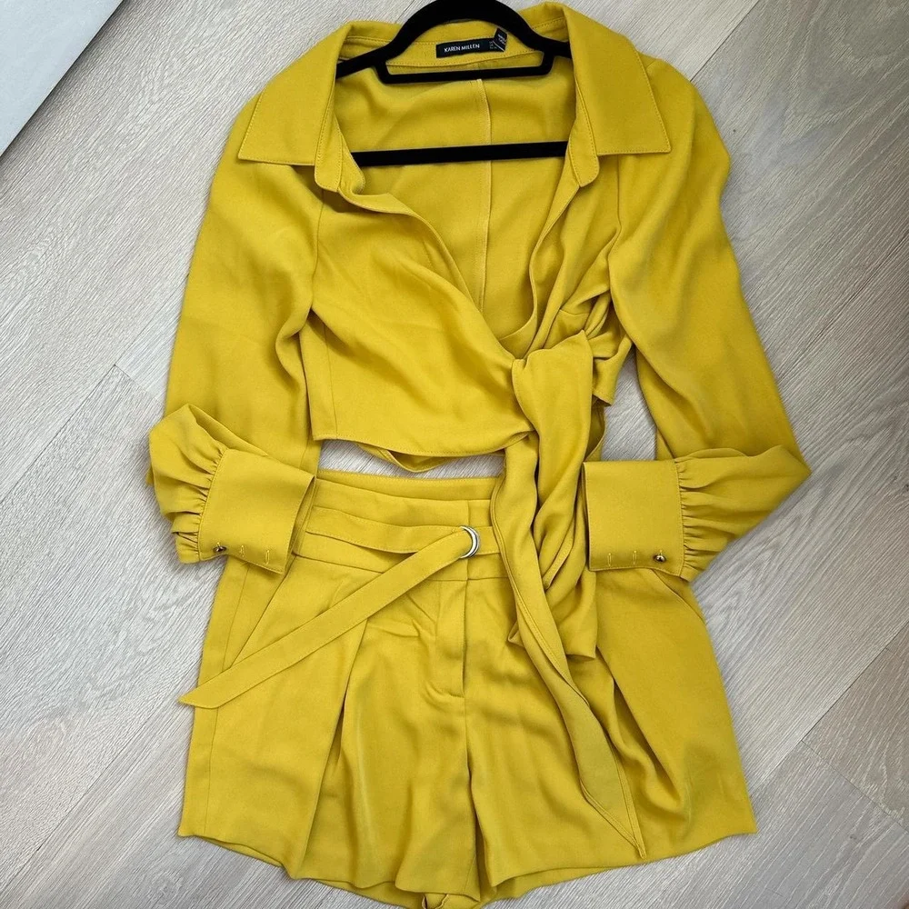 Karen Millen Top & Shorts Set Mustard Yellow‎ Long Sleeve Belted US 4