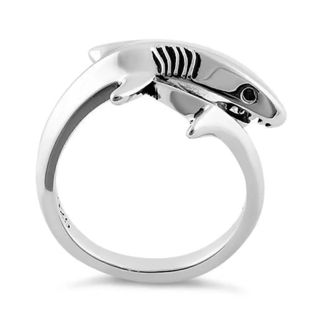Sterling Silver Shark Black CZ Ring New