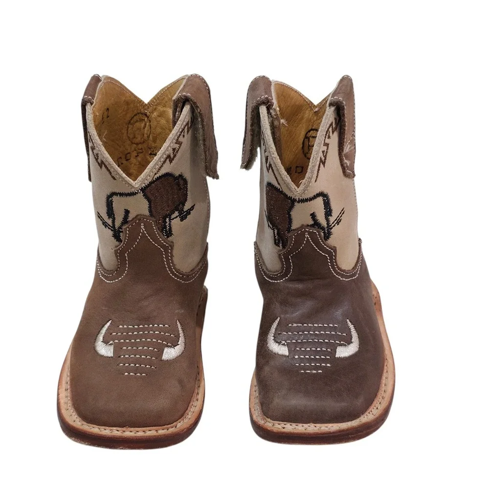 Roper Cowbabies Brown Leather Buffalo Longhorn Western Boots Infant Size 2 11371