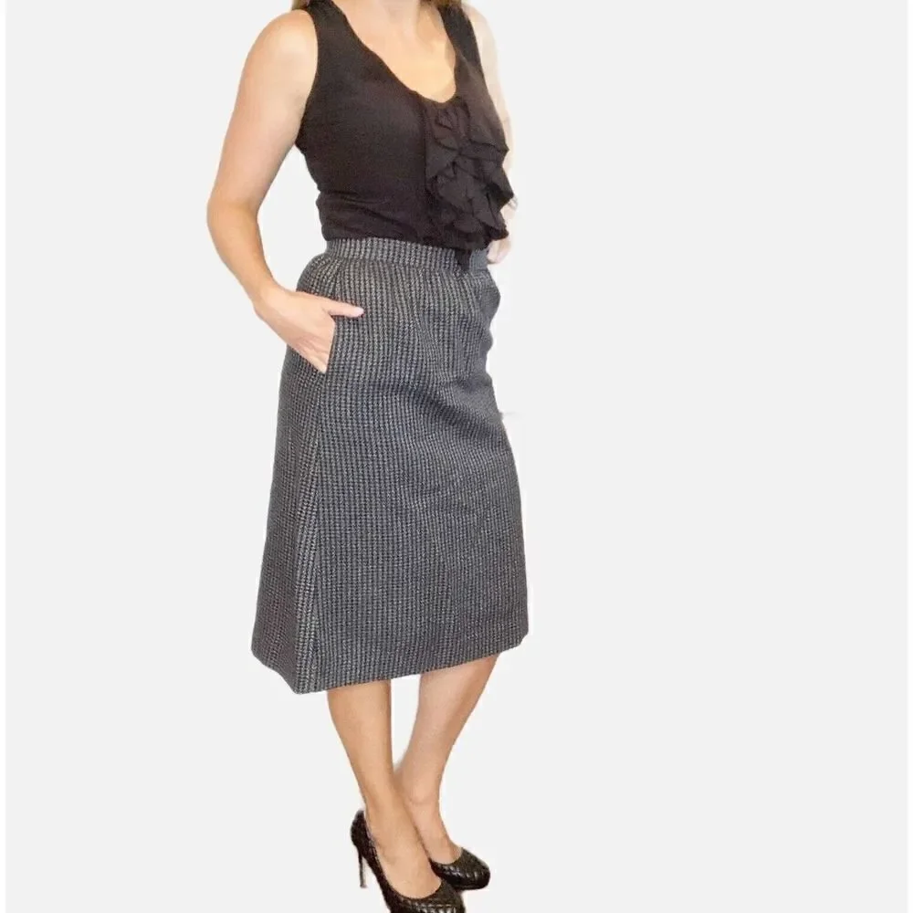 Vintage Sag Harbor Grey Houndstooth Plaid Wool Midi Pencil Skirt Women’s Size 0