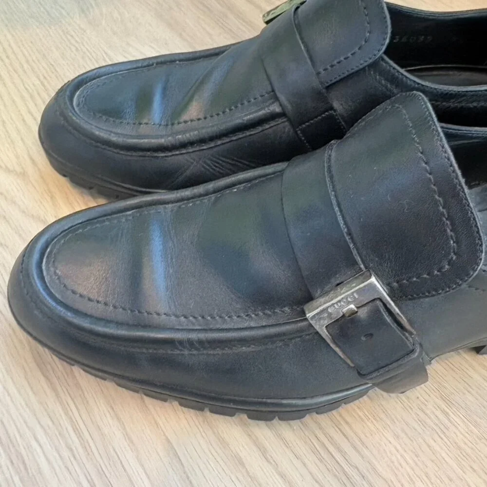 Gucci Loafers Buckle heel Size 7.5 Leather Black Mens