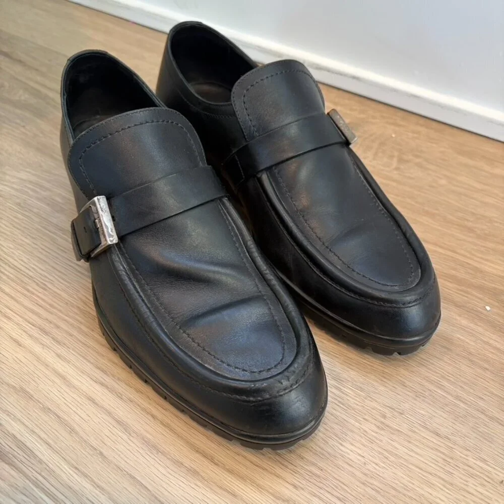 Gucci Loafers Buckle heel Size 7.5 Leather Black Mens
