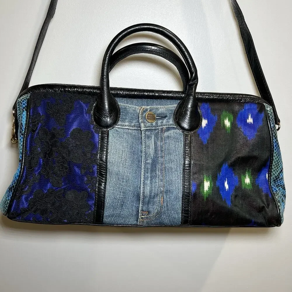 Vintage Clever Carriage Company Denim Lace And Leather Patchwork Tote Bag‎