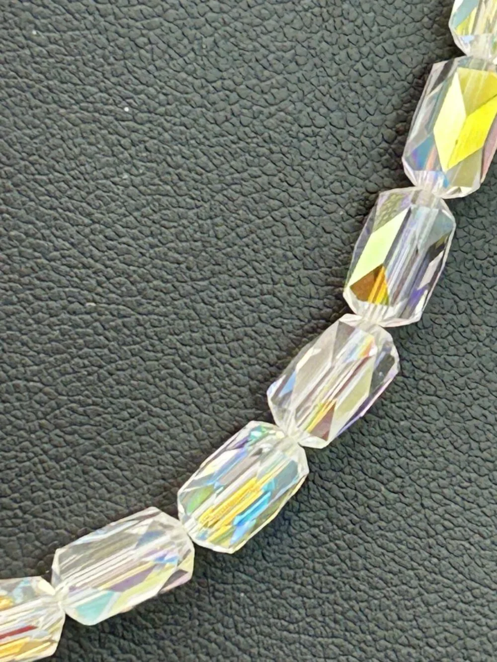 Vintage AB Crystal Rainbow Barrel Bead Necklace Aurora Borealis 16”