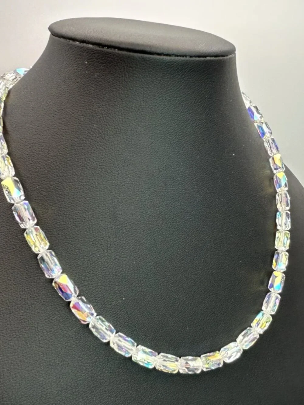 Vintage AB Crystal Rainbow Barrel Bead Necklace Aurora Borealis 16”