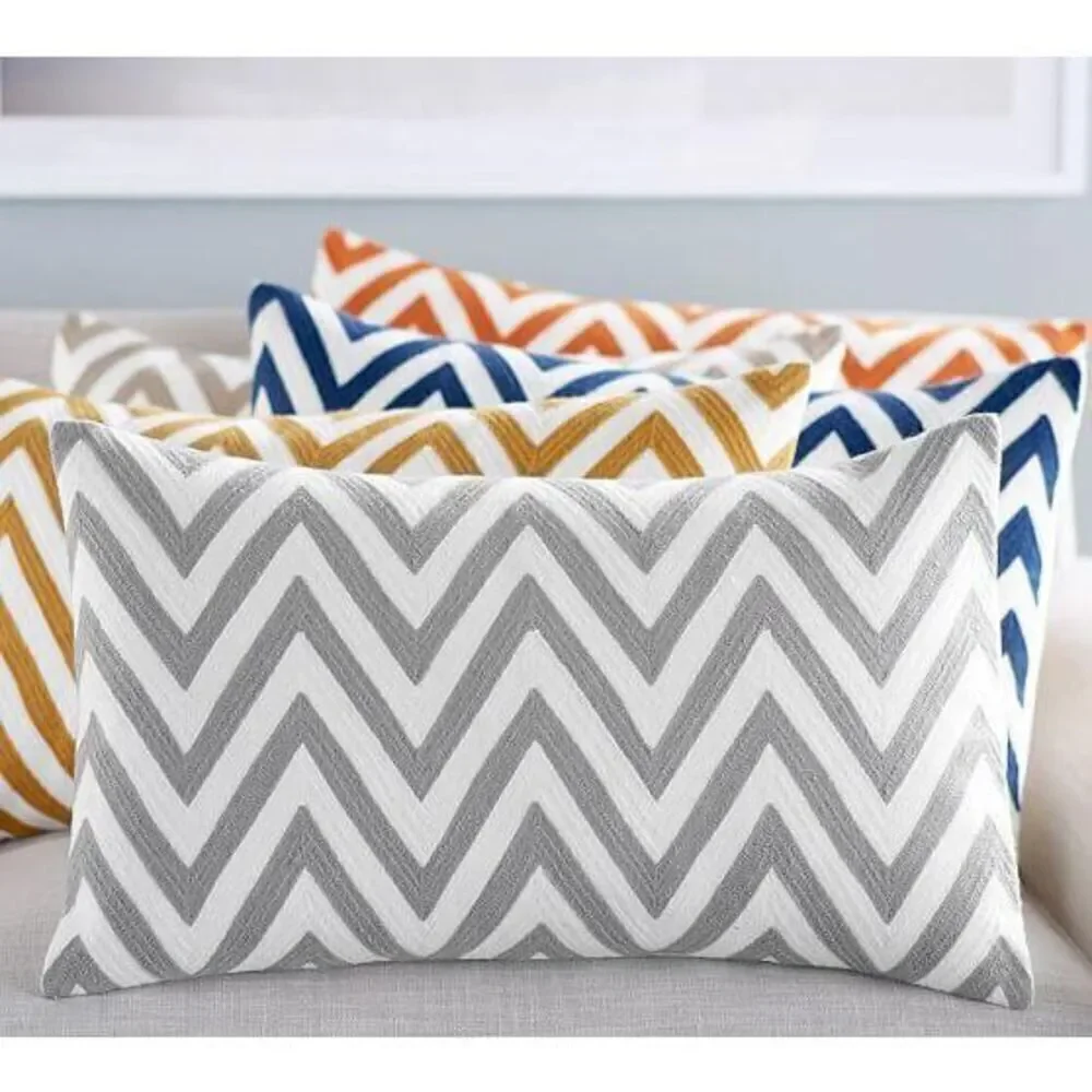 Pottery Barn Chevron Crewel Embroidered Lumbar Pillow Cover Grey