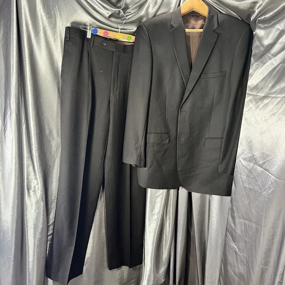 Caravelli 2-Pc Men's Suit Black Pin Superior 150s Blazer 44R Pants‎ 38x44 FLAWS