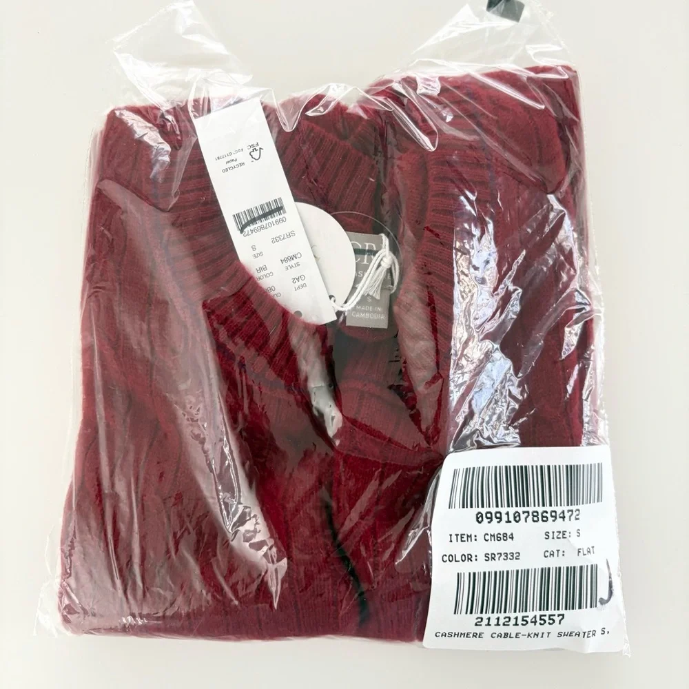 NWT J. Crew Cashmere Cable-knit Sweater Shell Contrast Trim Burgundy Iris Red
