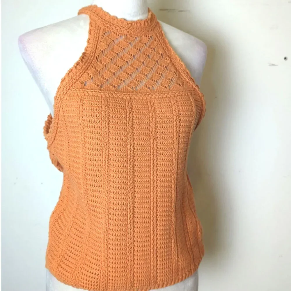 Soft Girl Crochet Halter Top in Orange /Peach Boho Coquette Knit Tank