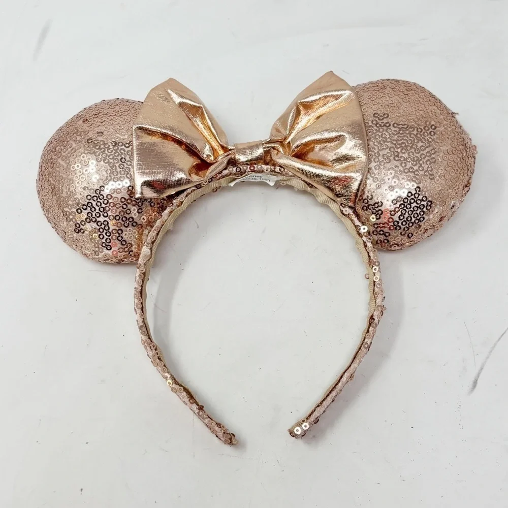 DISNEY PARKS Authentic Rose Gold Sequined Metallic Minnie Mouse Ears Headband